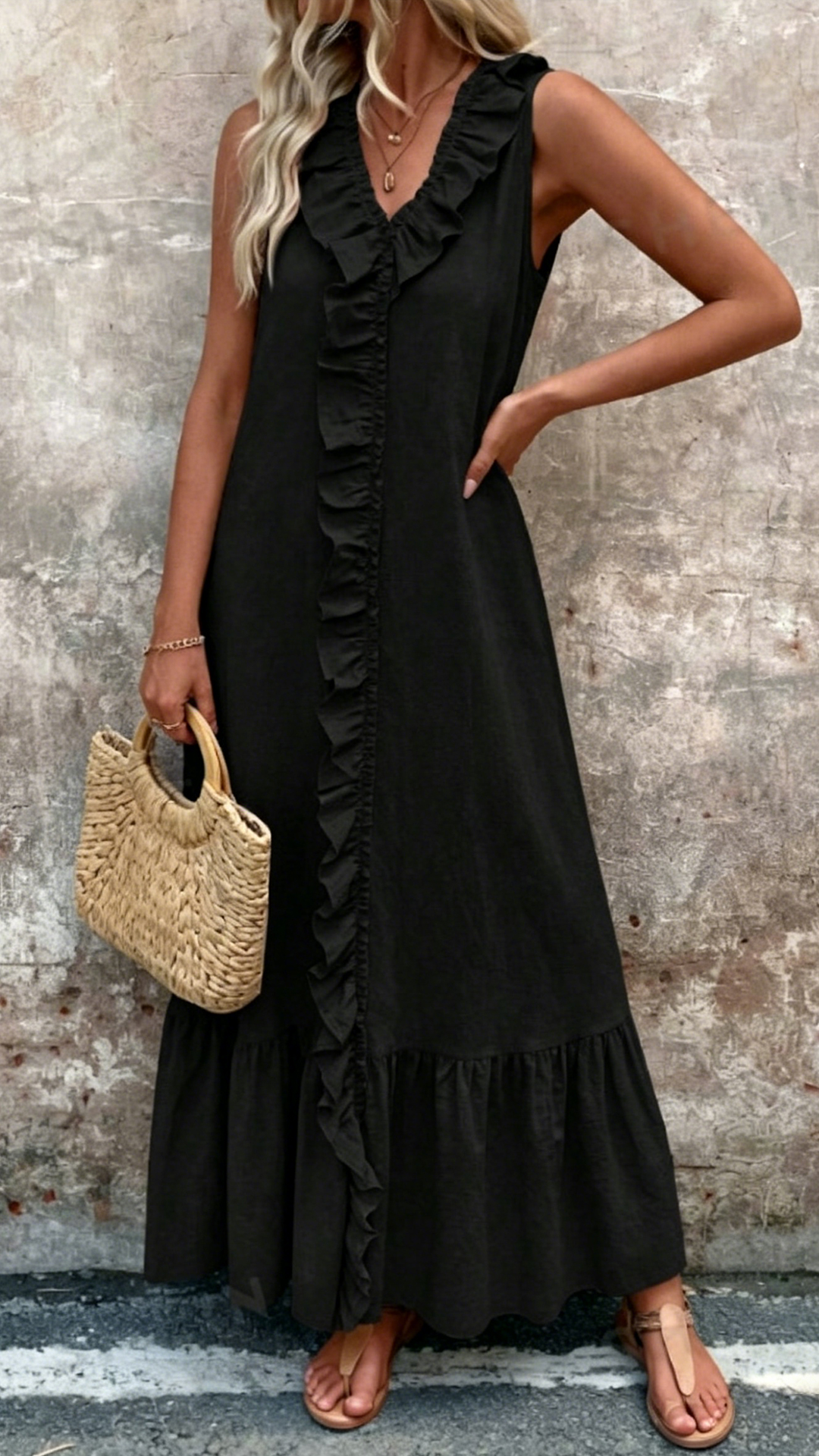Women's Cotton-Blend Textured Sleeveless Ruffle Maxi Dress - Nordfashionstorm - Women's Clothing, Fashion for You - Nordfashionstorm.com