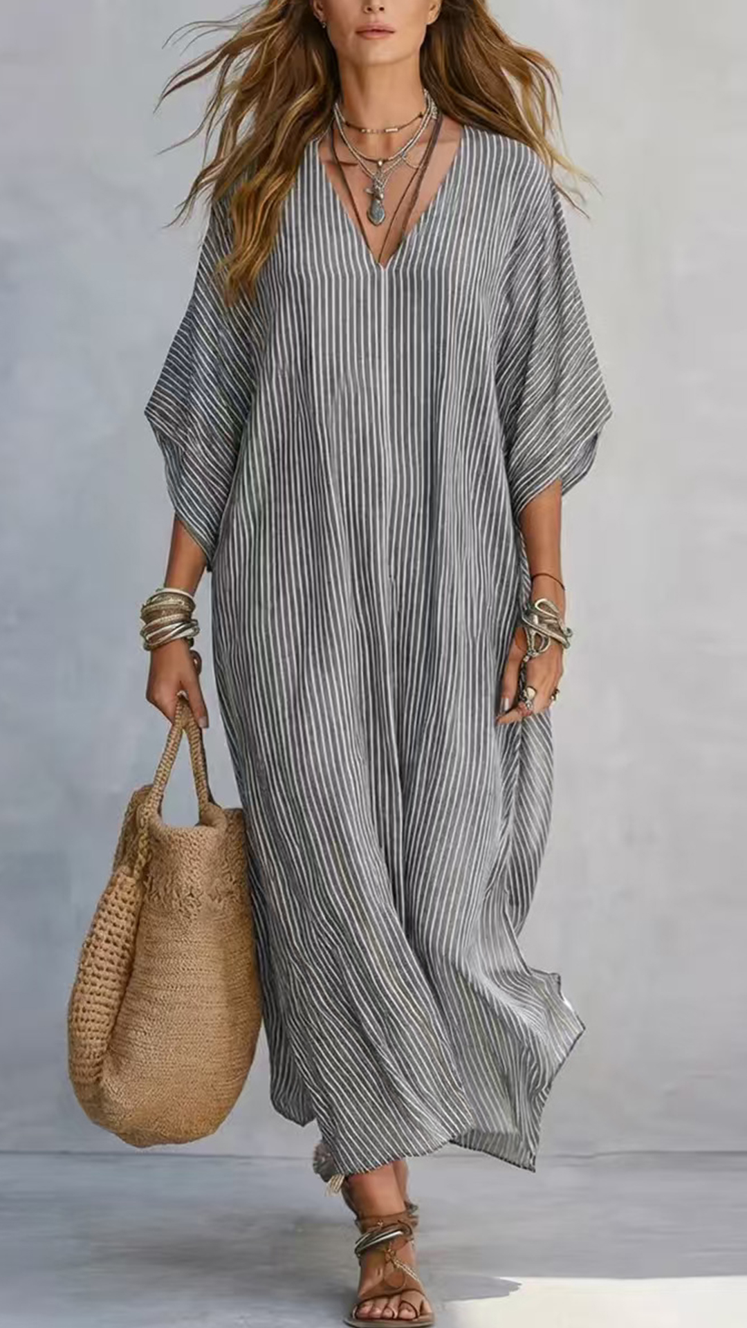 Women's Cotton-Blend Blue & White Striped V-Neck Loose Dress - Nordfashionstorm - Women's Clothing, Fashion for You - Nordfashionstorm.com