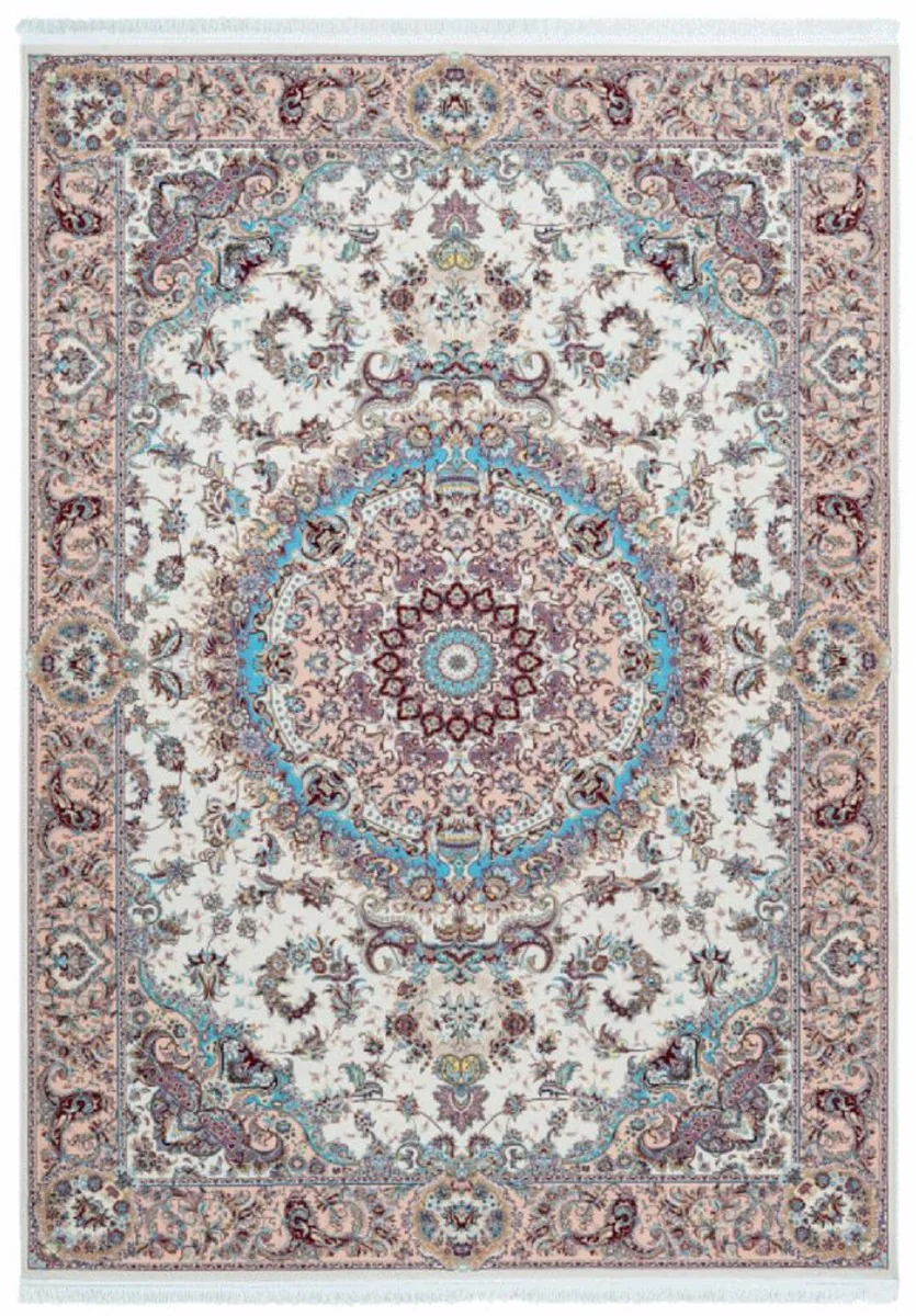 Luxury synthetic fiber rug with fringes ivory / beige / turquoise - various sizes - rectangular living room rug in oriental style