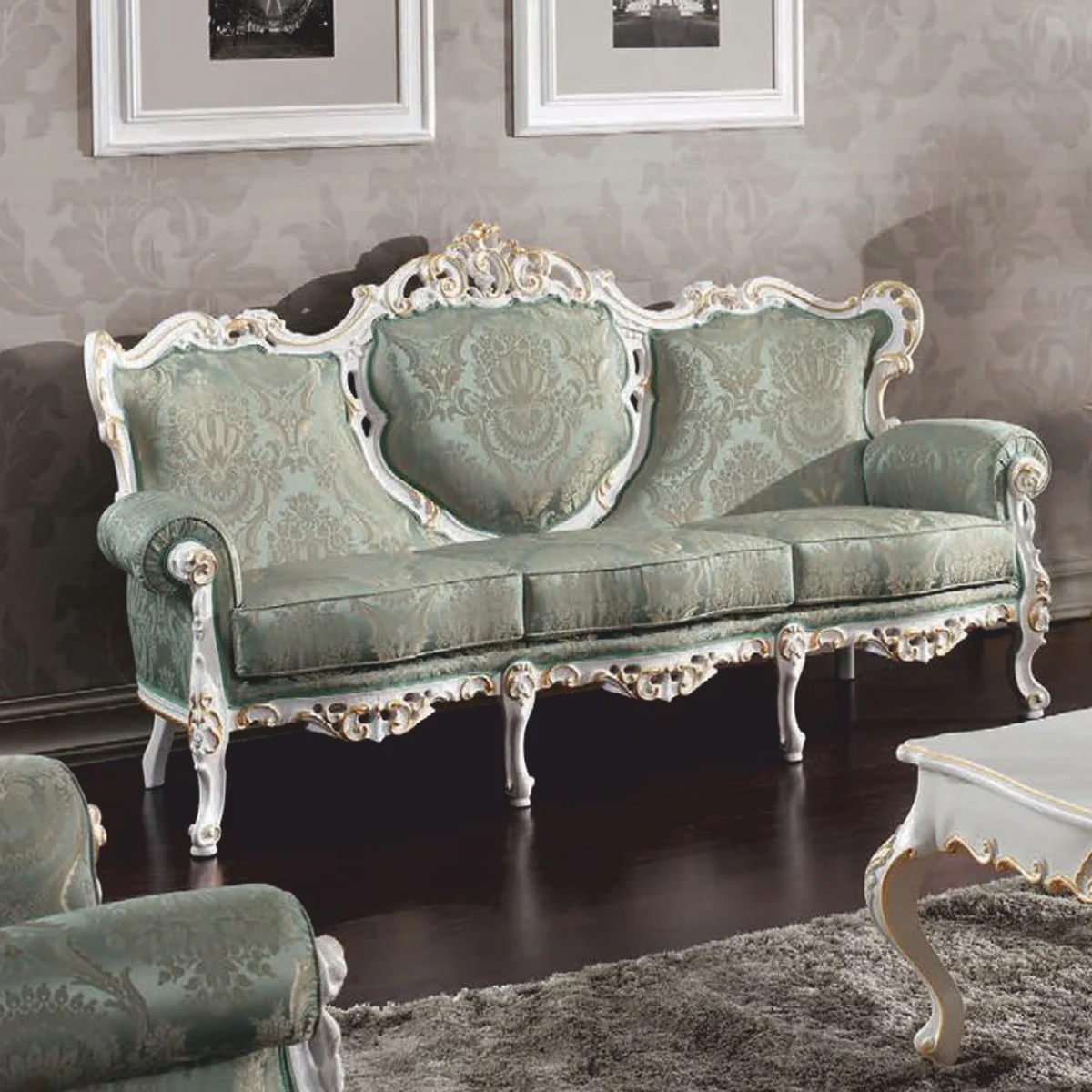 Luxury Baroque Living Room Sofa Green / White / Gold 210 cm - Made in Italy