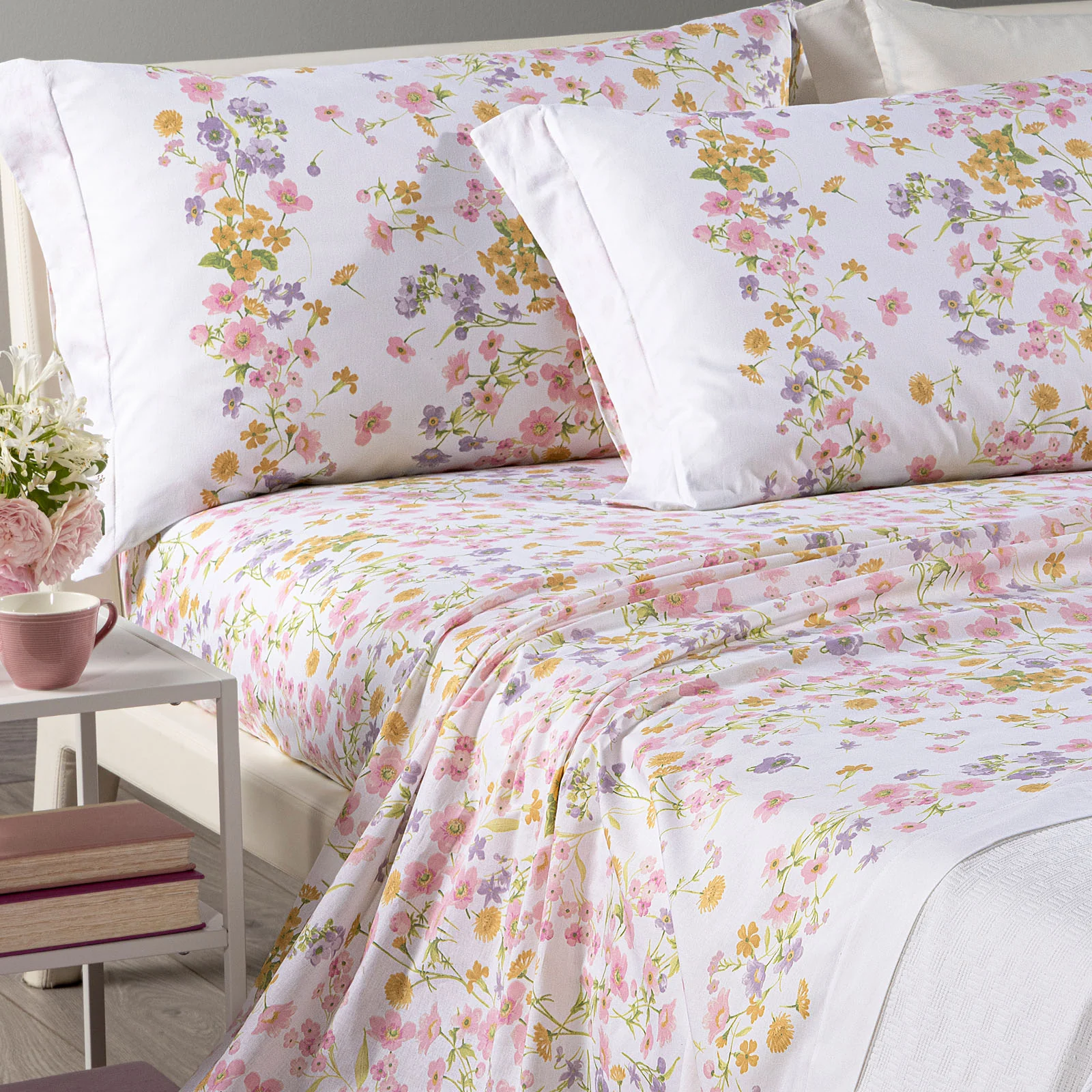 Complete cotton sheet Provence square and half pink caleffi