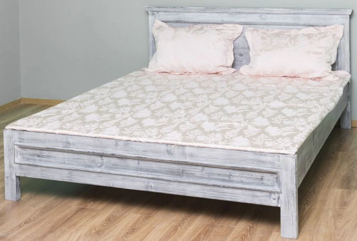 Country house style solid wood bed antique gray 160 x 200 x H. 93 cm - solid wood double bed - country house style bedroom furniture