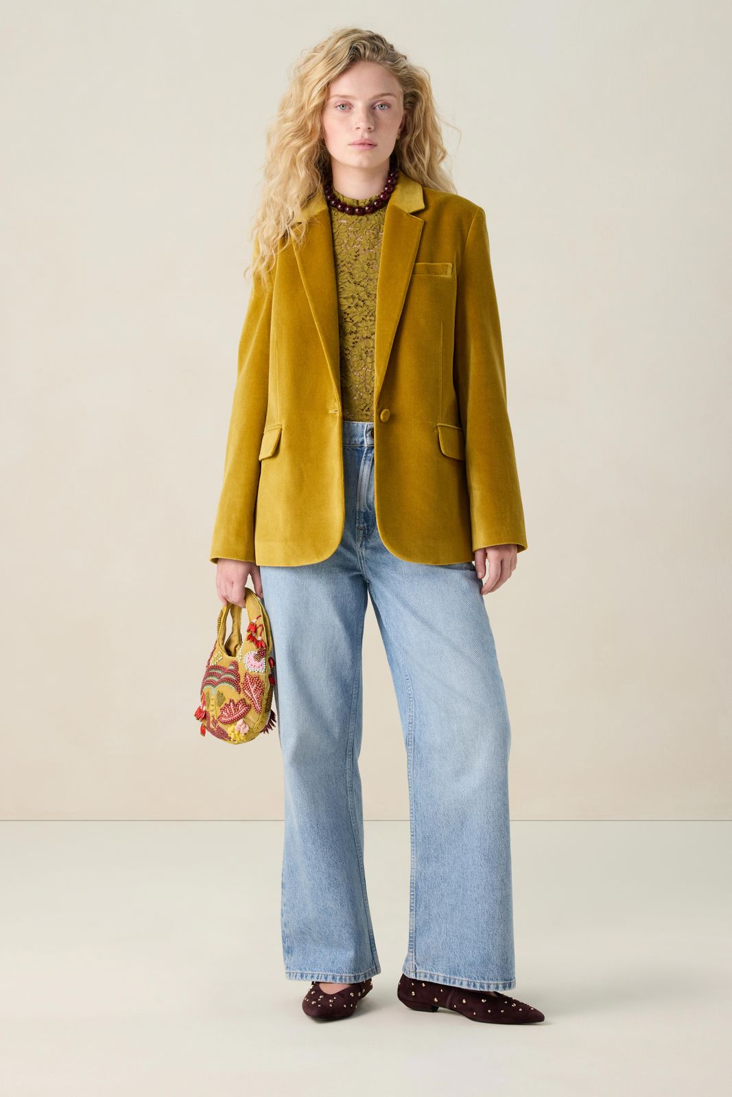 Donkergele velvet blazer