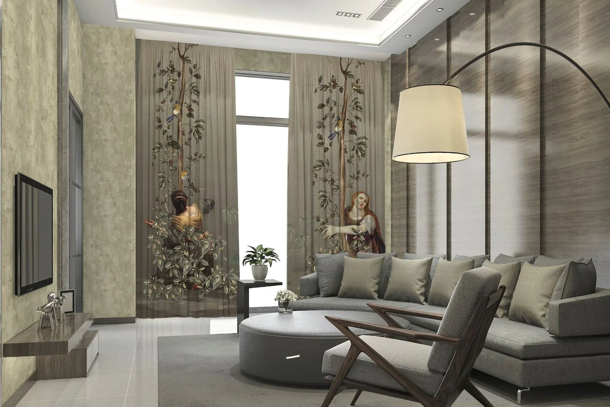 Luxury curtain set women in the garden gray / multicolored 250 x H. 290 cm - Printed linen & velvet curtains - Eyelet curtains - Sliding curtains - Luxury collection