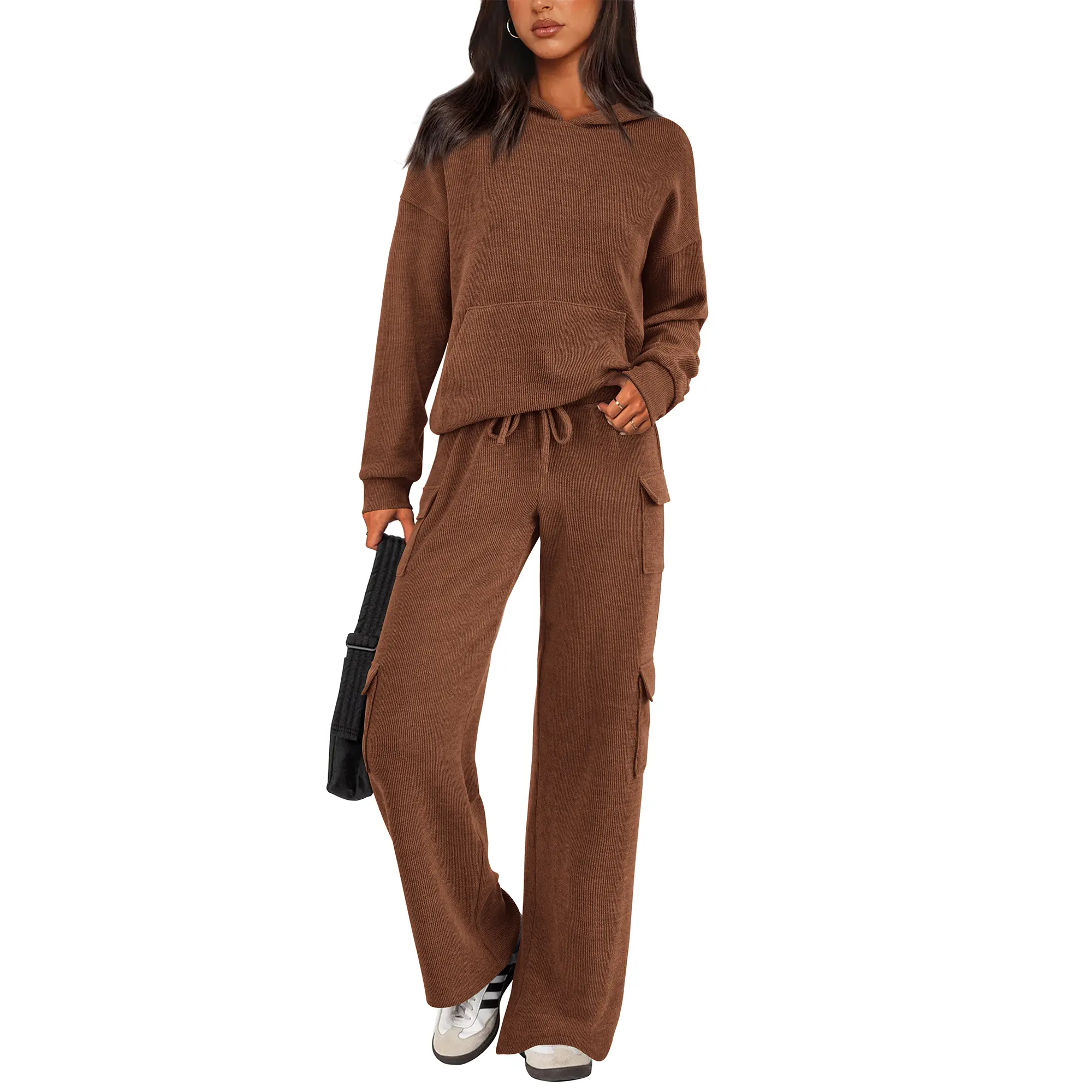 PRETTYGARDEN Women's Navy Blue 2-Piece Knitted Sets Hoodie & Wide Leg Pants with Pockets Drawstring Long Sleeve Loungewear Tracksuits Basic Fitted Clothes