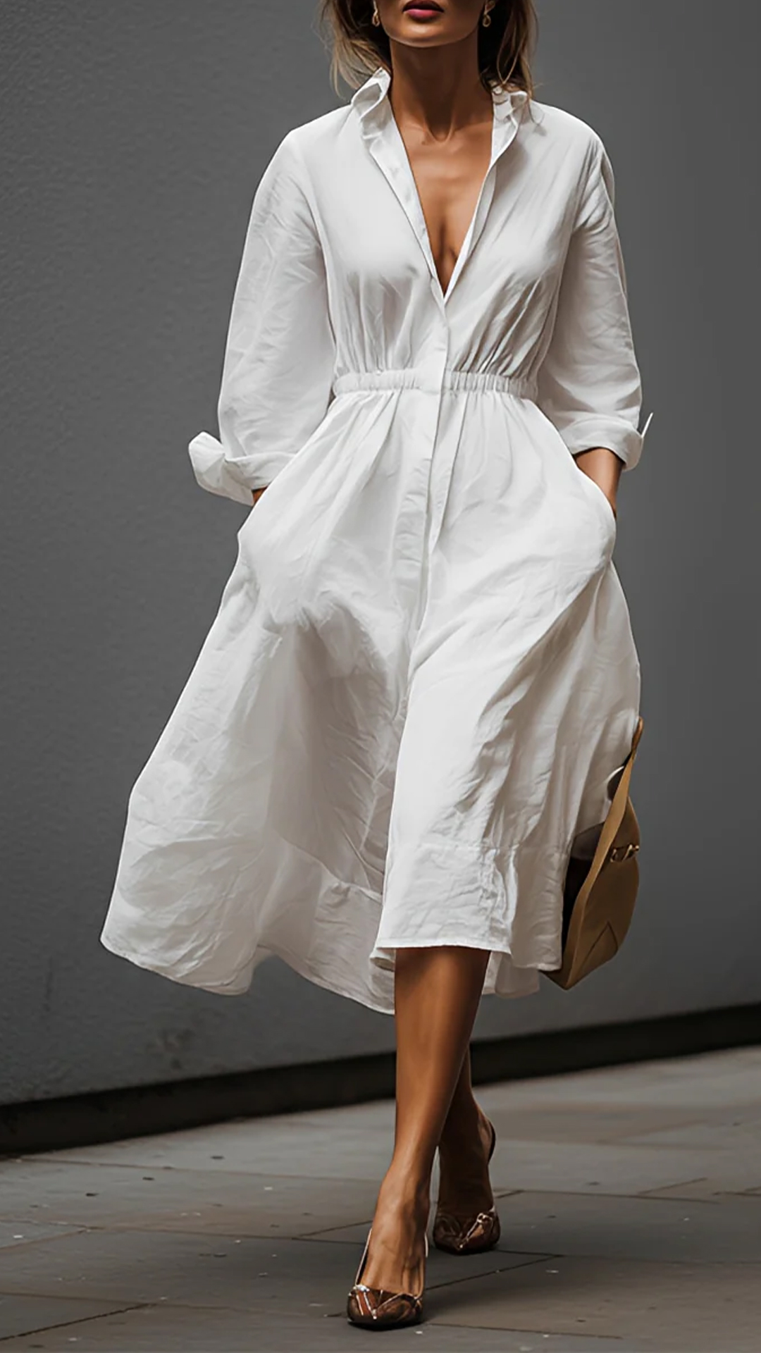 White Shirt-Collar Dress with Elastic Waist - Nordfashionstorm - Women's Clothing, Fashion for You - Nordfashionstorm.com