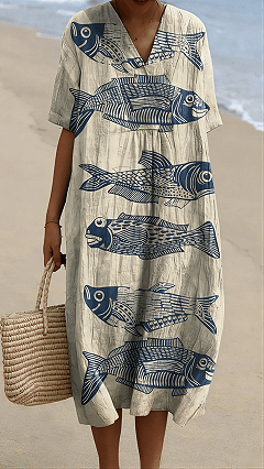 Women's Vintage Lovely Fish Art Print Flowy Dress - Nordfashionstorm - Women's Clothing, Fashion for You - Nordfashionstorm.com