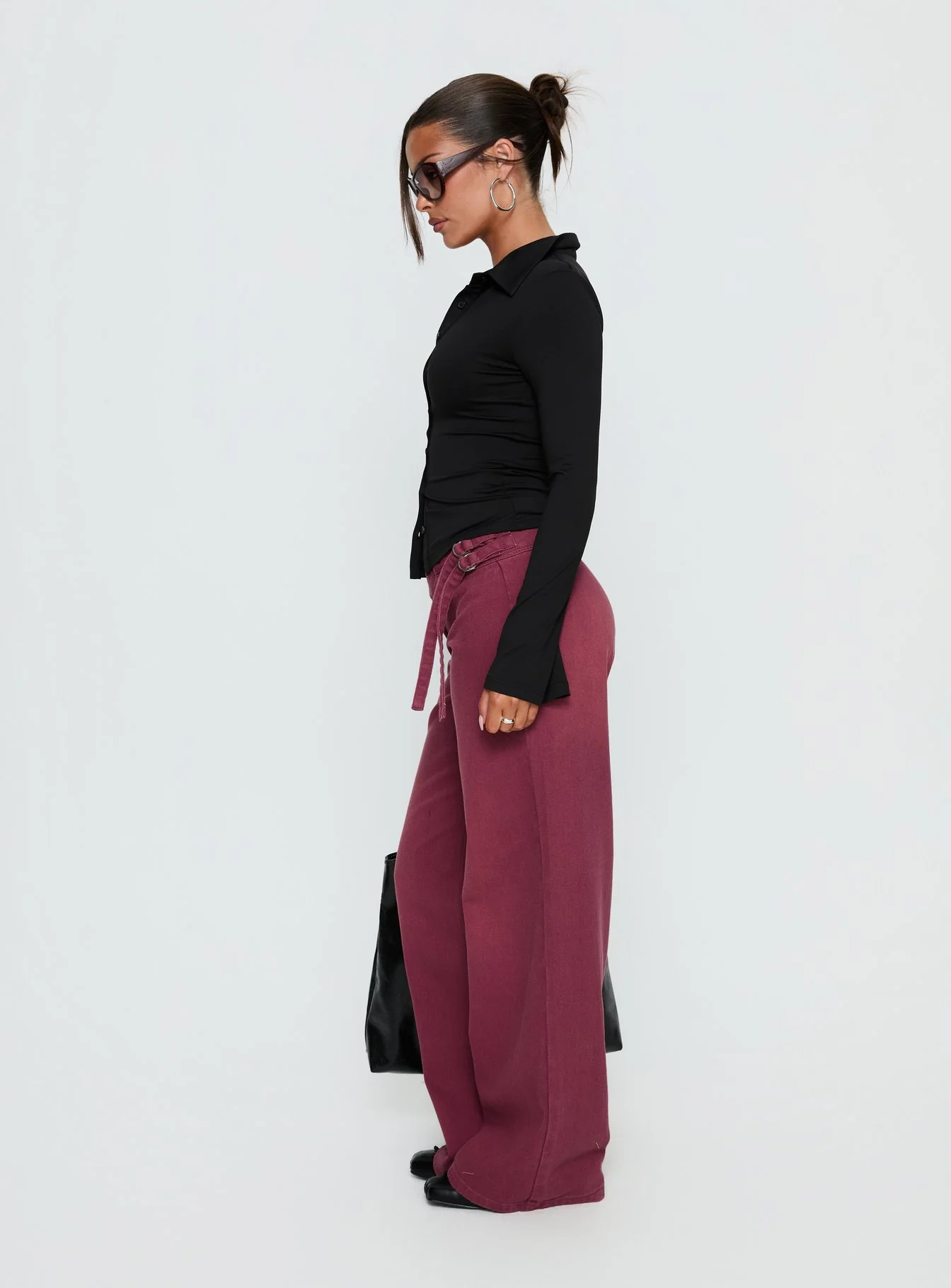 Boxie Mid Rise Wide Leg Jeans Washed Burgundy