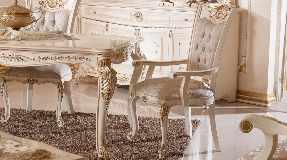 Luxury Baroque Dining Table White / Beige / Gold - Rectangular Baroque Style Kitchen Table - Luxury Dining Room Furniture in Baroque Style - Baroque Dining Room Furniture - Baroque Furnishings