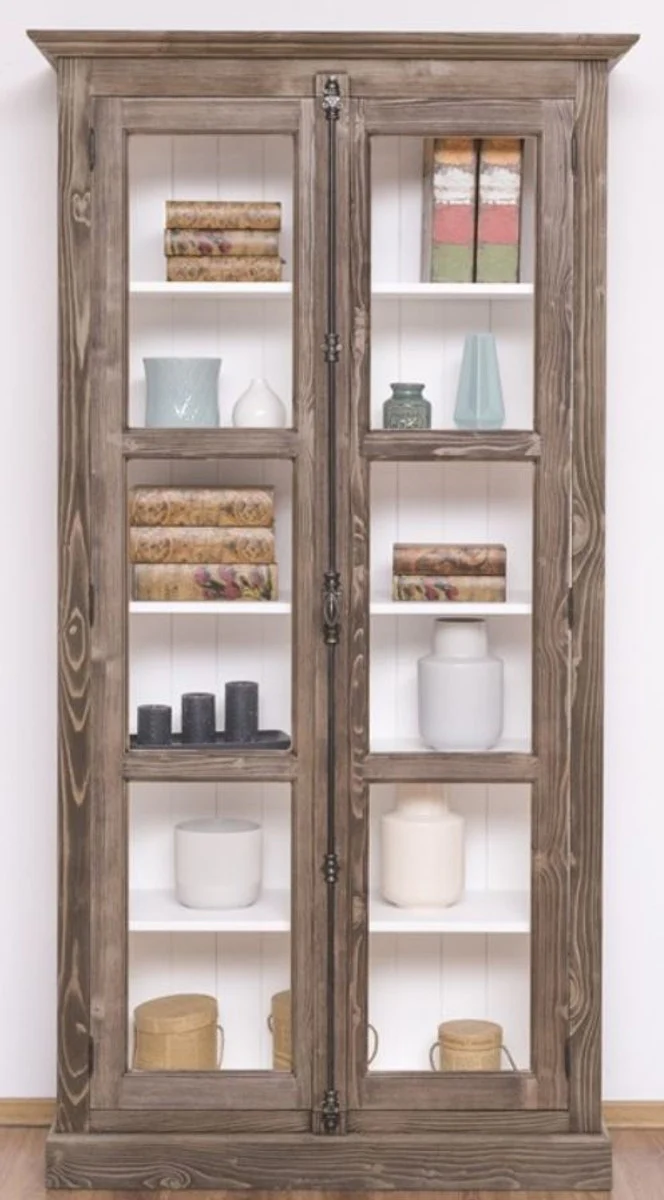 Country house style display cabinet brown / white 109 x 40 x H. 210 cm - solid wood cabinet with 2 glass doors - display cabinet - country house style furniture