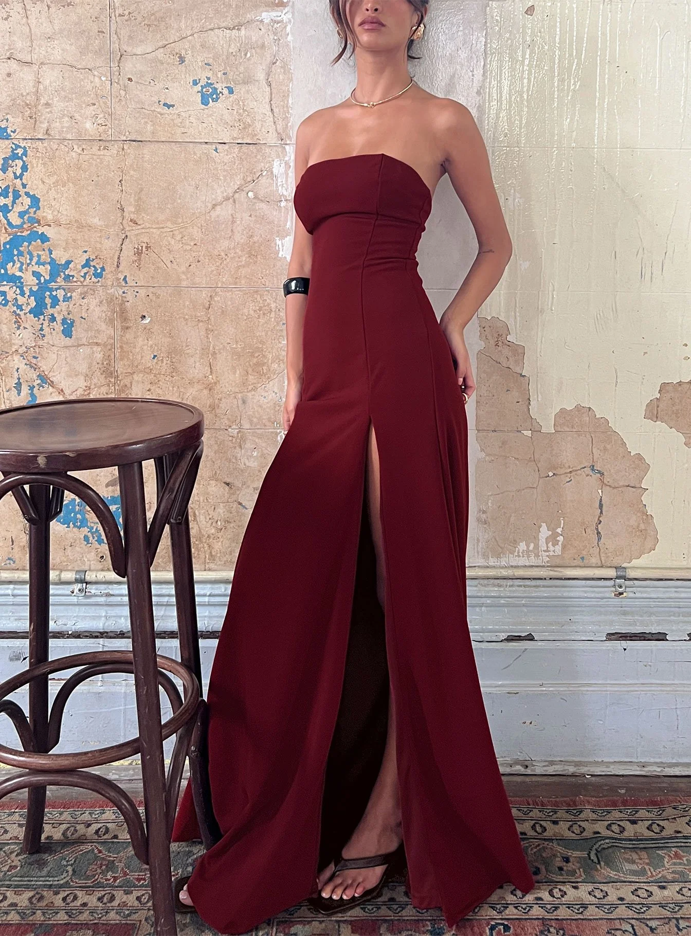 Diamanti Strapless High Slit Maxi Dress Burgundy