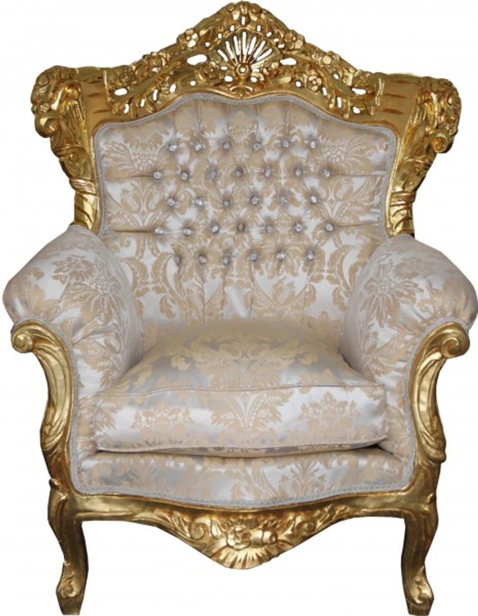 Baroque armchair King Mod2 cream gold pattern / gold with rhinestones 85 x 60 x H. 116 cm