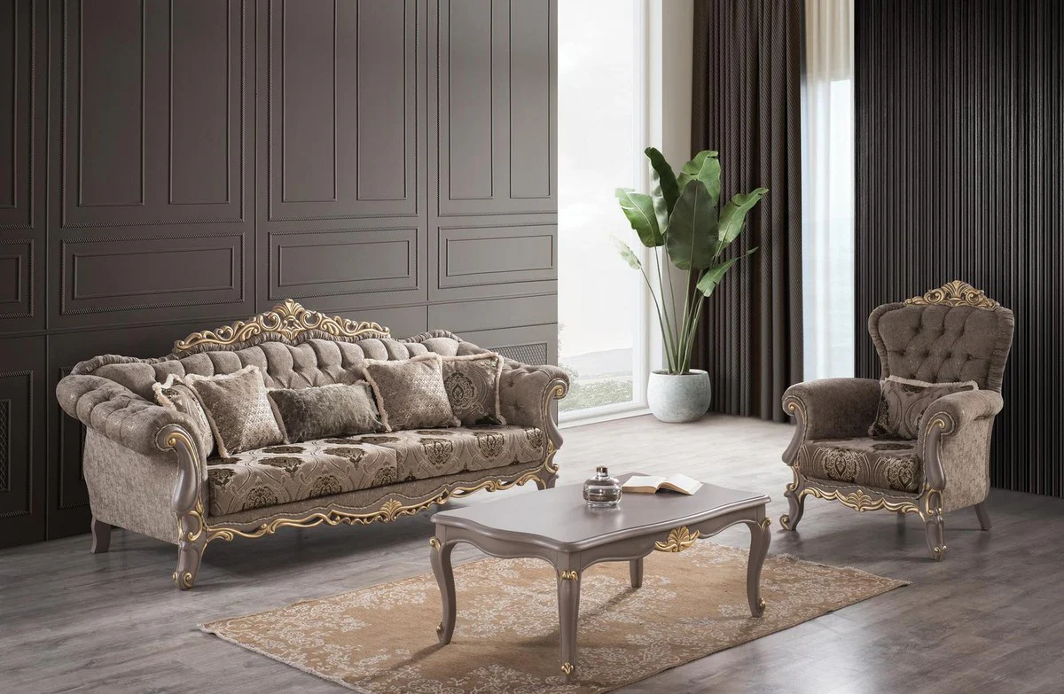 Luxury baroque coffee table gray / gold 110 x 77 x H. 45 cm - solid wood living room table in baroque style - elegant living room furniture in baroque style