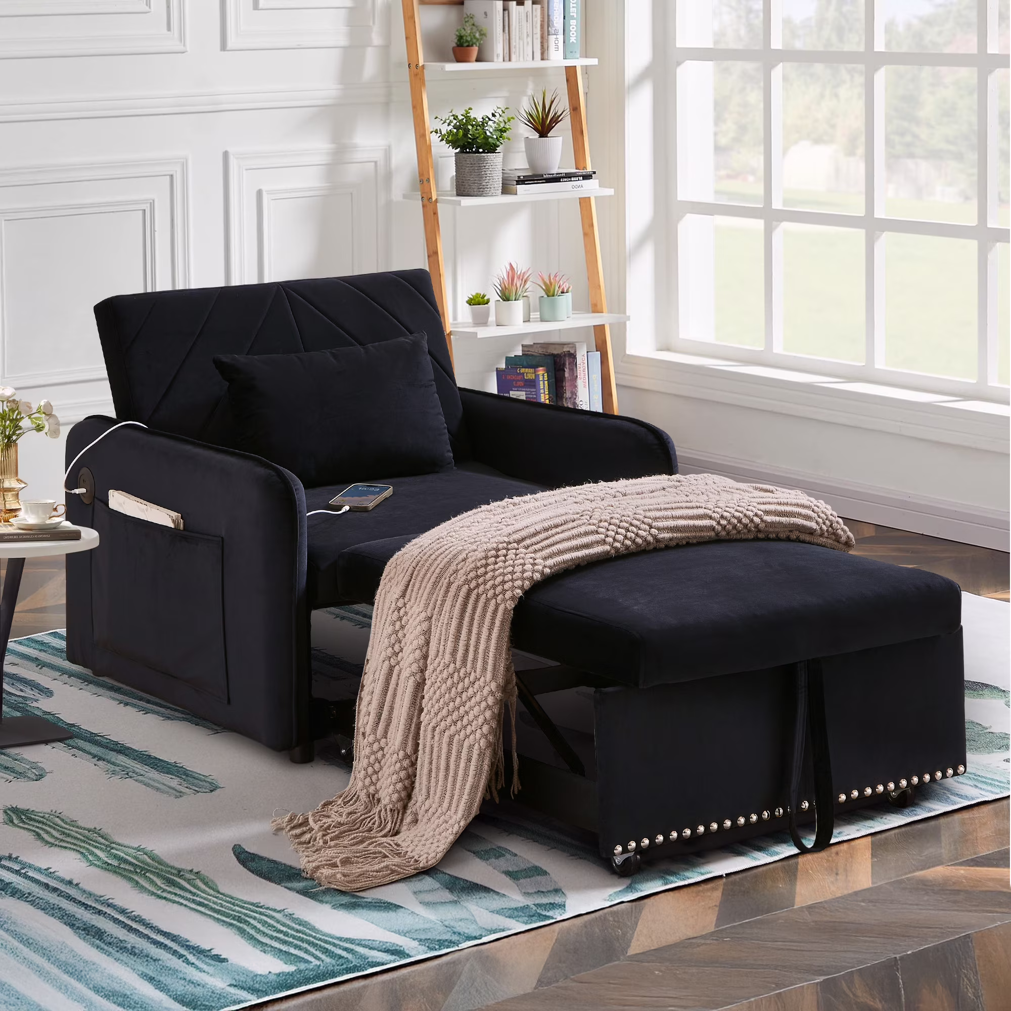 Lunale 3 - in - 1 Convertible Sleeper Chair Bed, Indoor Lounge Chair with USB/Type - C Charging Ports, Modern Recliner Sofa for Living Room, Gray Velvet