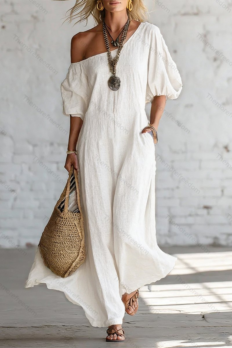 Women's Solid-Color Loose-Fit Off-the-Shoulder Dress — Sophisticated Vintage Style - Nordfashionstorm - Women's Clothing, Fashion for You - Nordfashionstorm.com