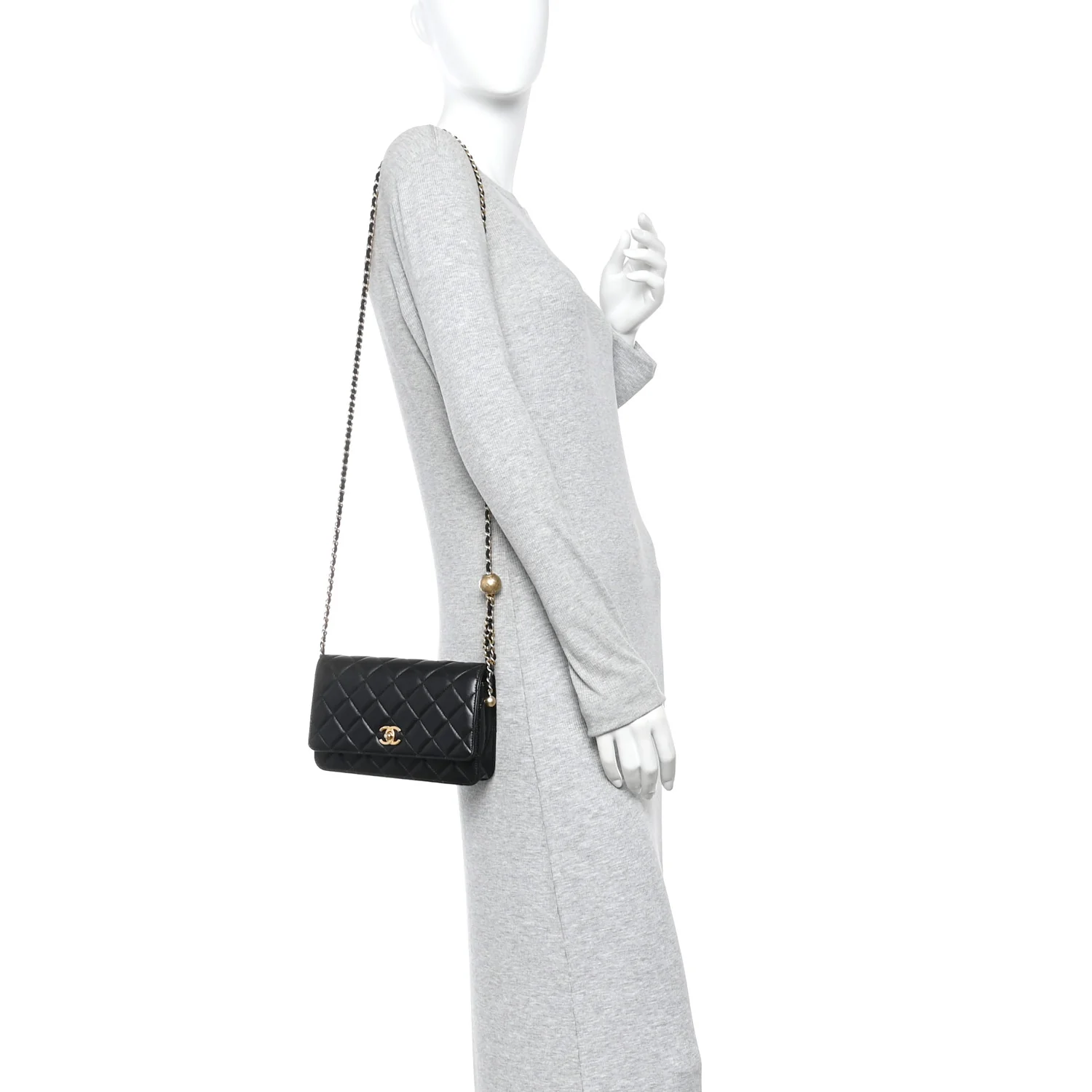 Lambskin Quilted CC Pearl Crush Wallet on Chain WOC Black
