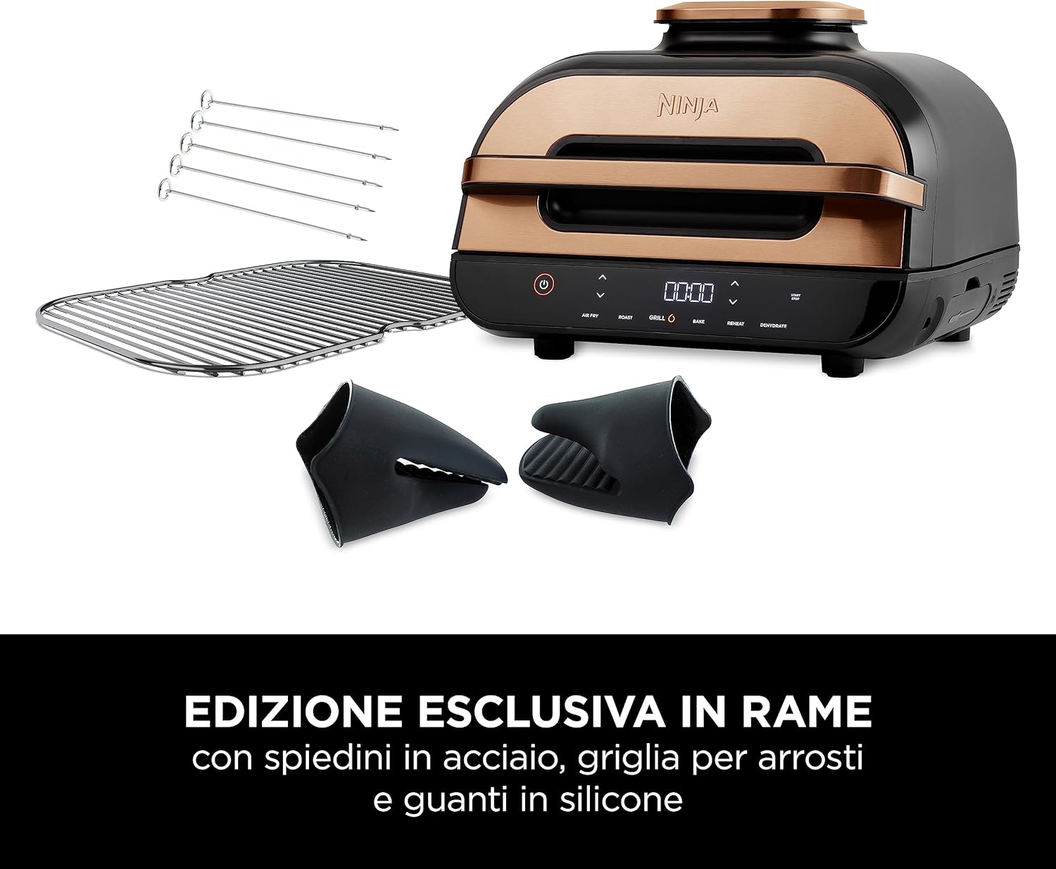 Ninja Foodi MAX Griglia Friggitrice ad Aria con Termometro Sonda Digitale e Spiedi, 3,8 l, 6-in-1, Griglia, Frigge, Arrostisce, Parti Lavabili in Lavastoviglie, Rame/Nero, Esclusiva Amazon, AG551EUCP