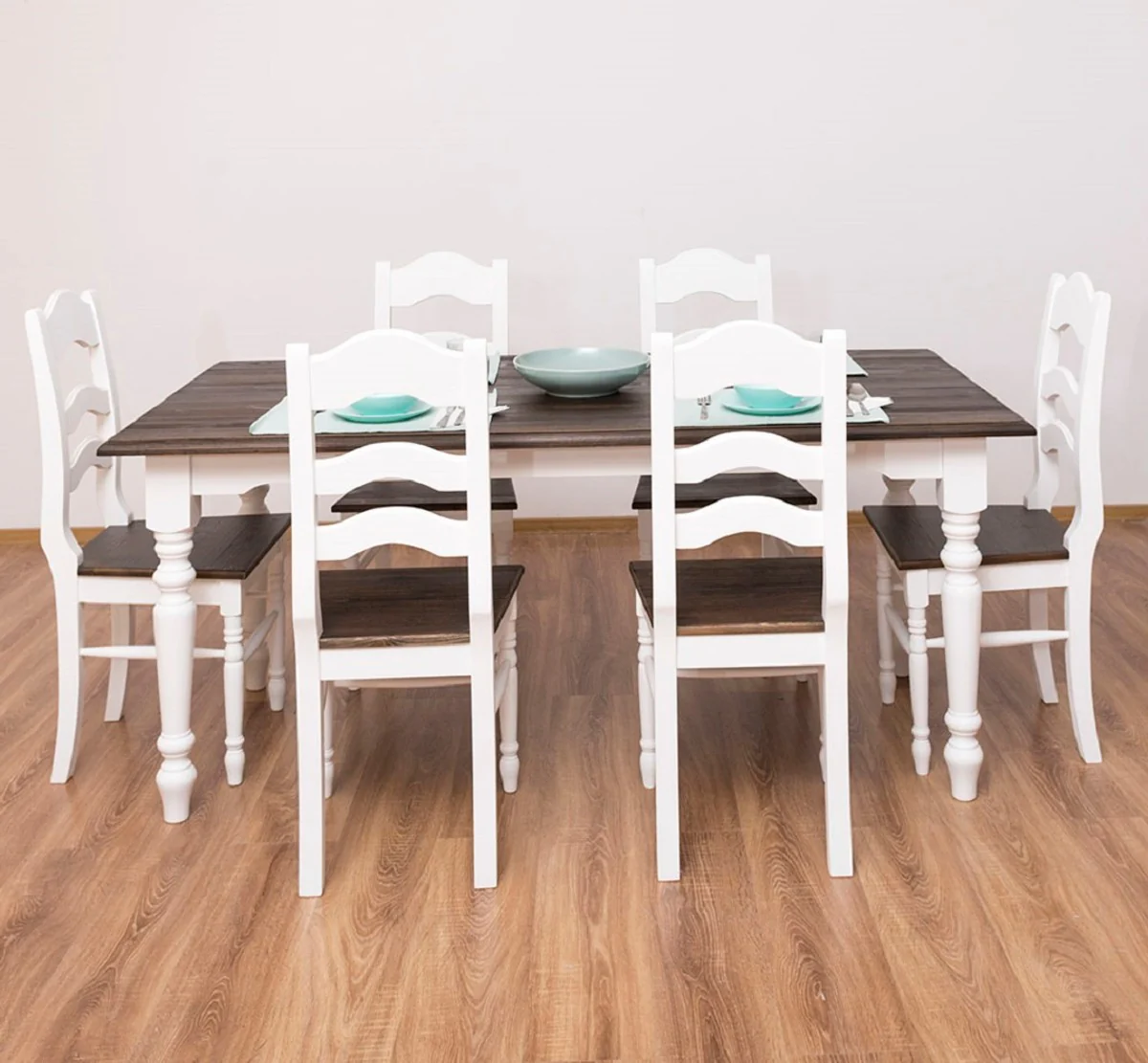 Country style dining room furniture set white / dark brown - 1 country style dining table & 6 country style dining room chairs - solid wood dining room furniture - country style dining room furniture