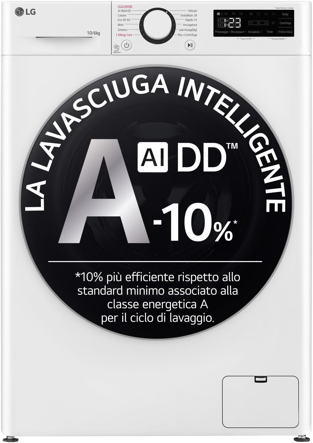 AI DD D4R5010TSWS Lavasciuga 10 / 6kg Serie R5 Classe A-10%/D, Lavatrice e Asciugatrice Insieme, 1400 giri, TurboWash360, Steam, Eco Hybrid, Allergy Care, Motore Inverter Direct Drive, Bianca