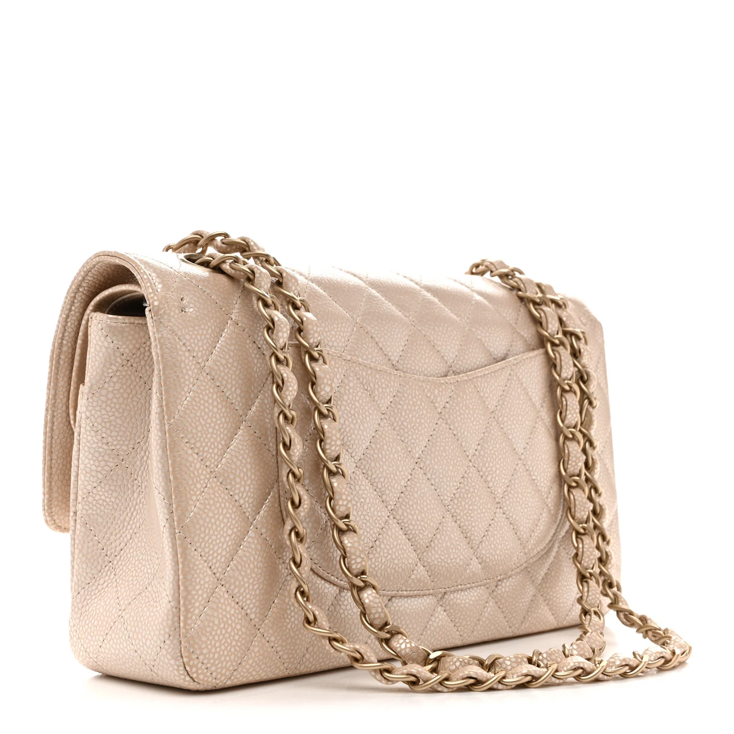 Pearly Caviar Quilted Medium Double Flap Light Beige - Top Club