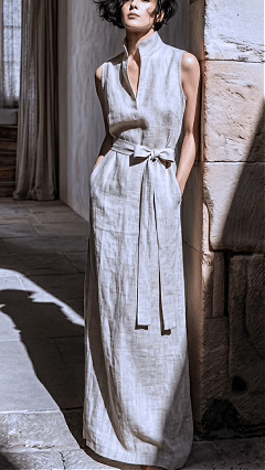 Women's Sleeveless Linen Maxi Dress with Stand Collar, Waist Tie, and Vest-Style Bodice - Nordfashionstorm - Women's Clothing, Fashion for You - Nordfashionstorm.com