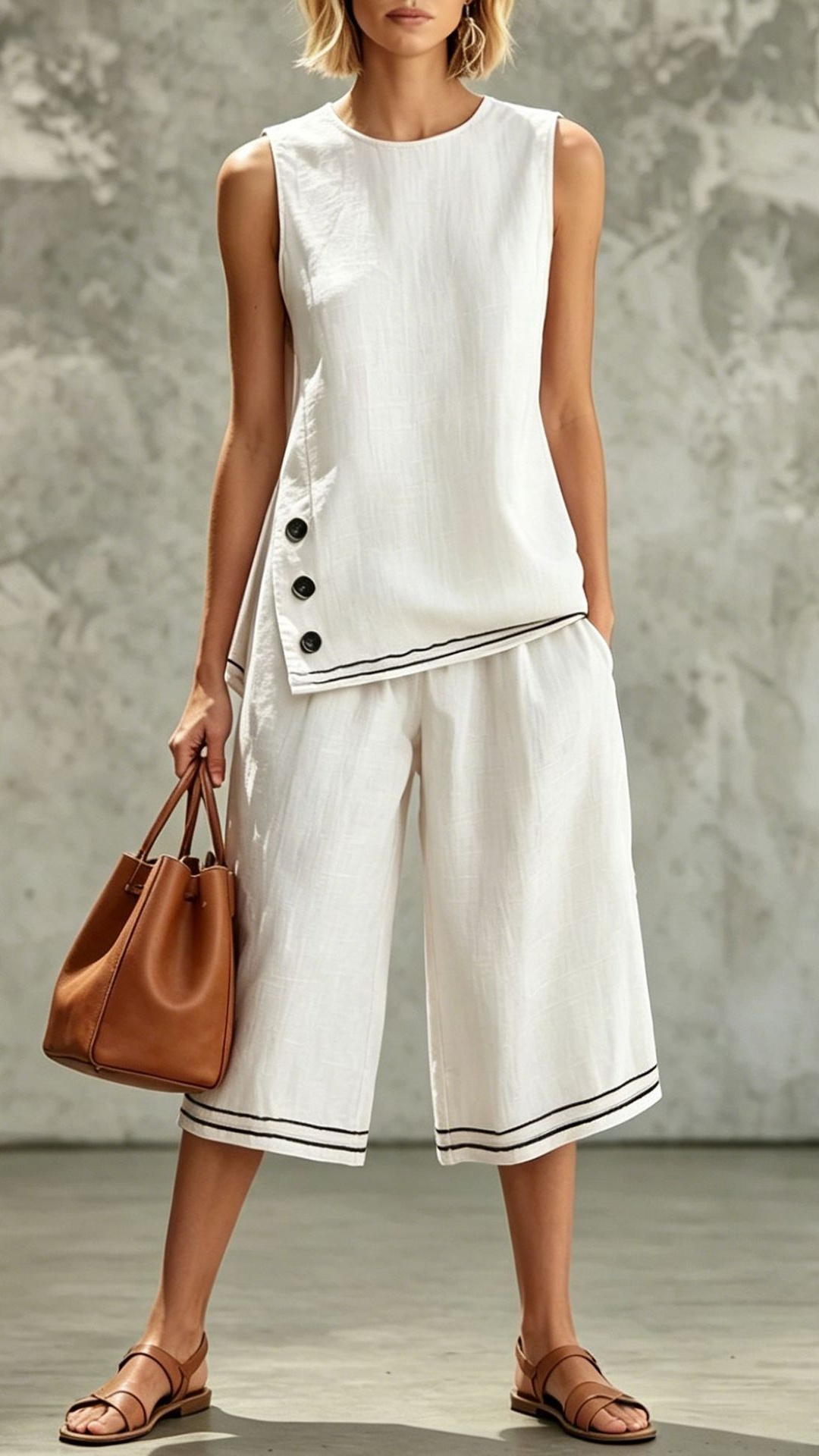 Women's Sleeveless Side-Slit Vest & Wide-Leg Cropped Pants — Cotton-Linen Two-Piece Set - Nordfashionstorm - Women's Clothing, Fashion for You - Nordfashionstorm.com