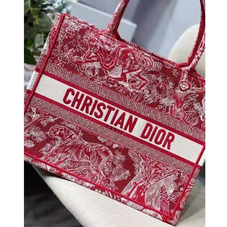 CD Unisex Medium Book Tote Burgundy Toile De Jouy Stripes Embroidery - Top Club
