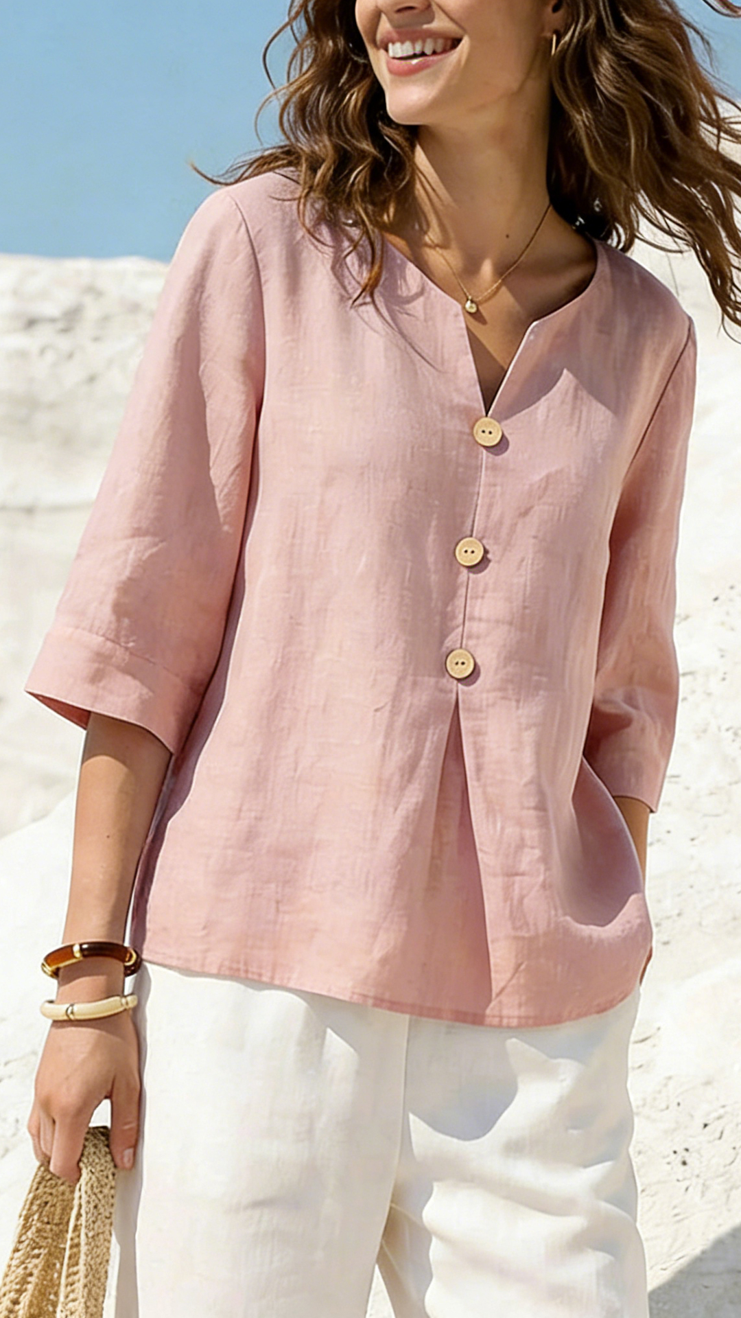 Women's Solid Color V-neck 3/4 Sleeve Casual Loose Cotton Linen Top - Nordfashionstorm - Women's Clothing, Fashion for You - Nordfashionstorm.com