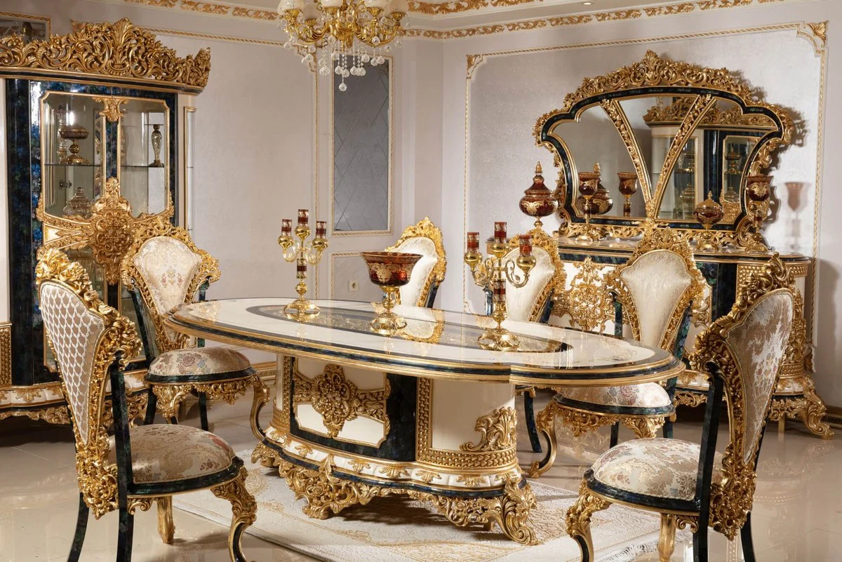 Luxury Baroque Dining Room Chair Set Multicolored / Blue / Gold - Handmade Kitchen Chairs Set of 6 with Elegant Pattern - Baroque Dining Room Furniture - Noble & Magnificent