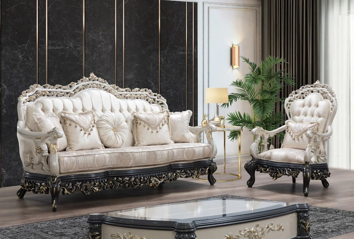 Luxury baroque coffee table cream / gray / gold - handmade solid wood living room table - magnificent solid wood living room furniture in baroque style