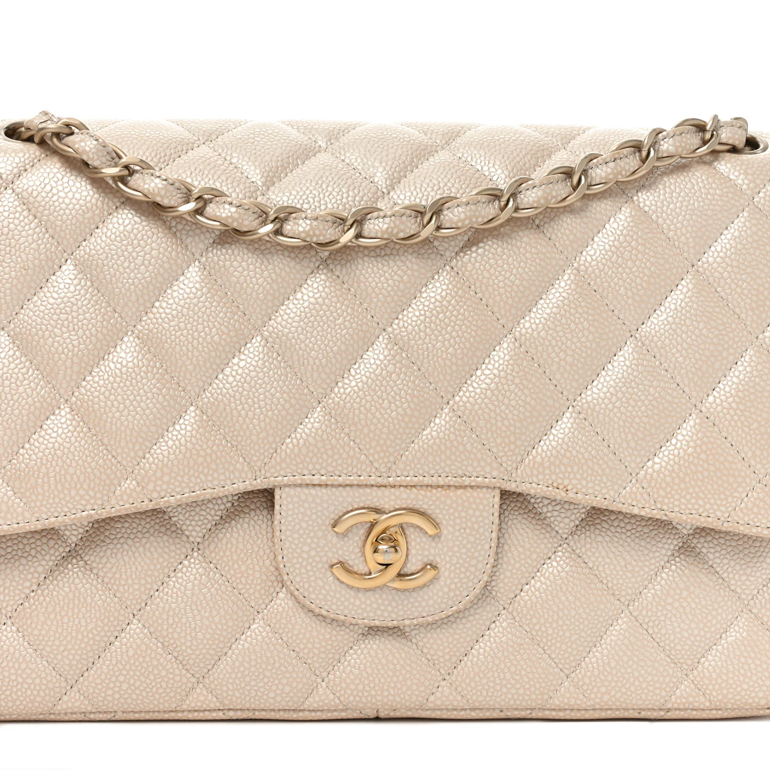 Iridescent Caviar Quilted Jumbo Double Flap Beige - Top Club