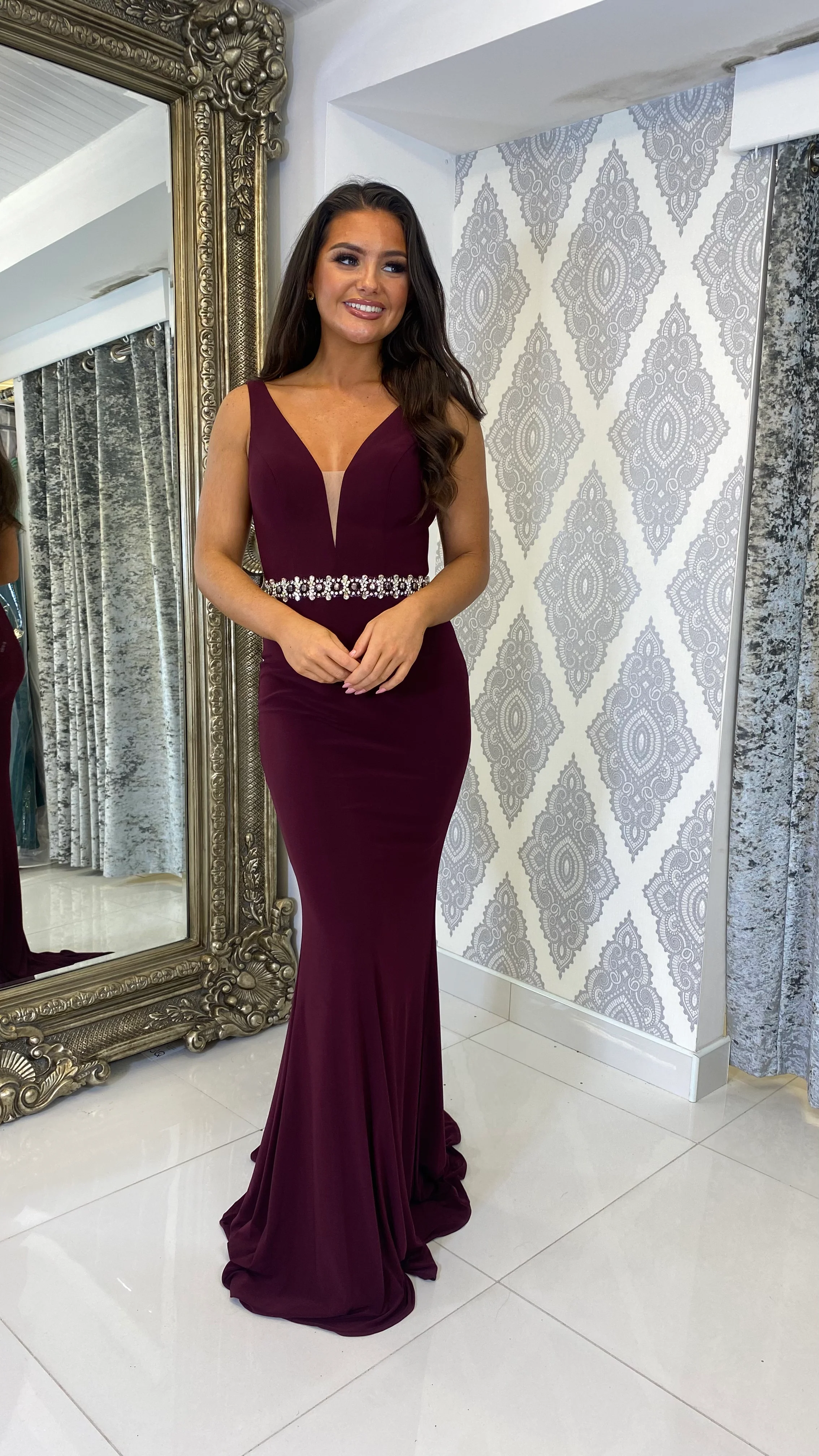 Deep Purple Plunge Neck - Diamonte Belt Evening Gown