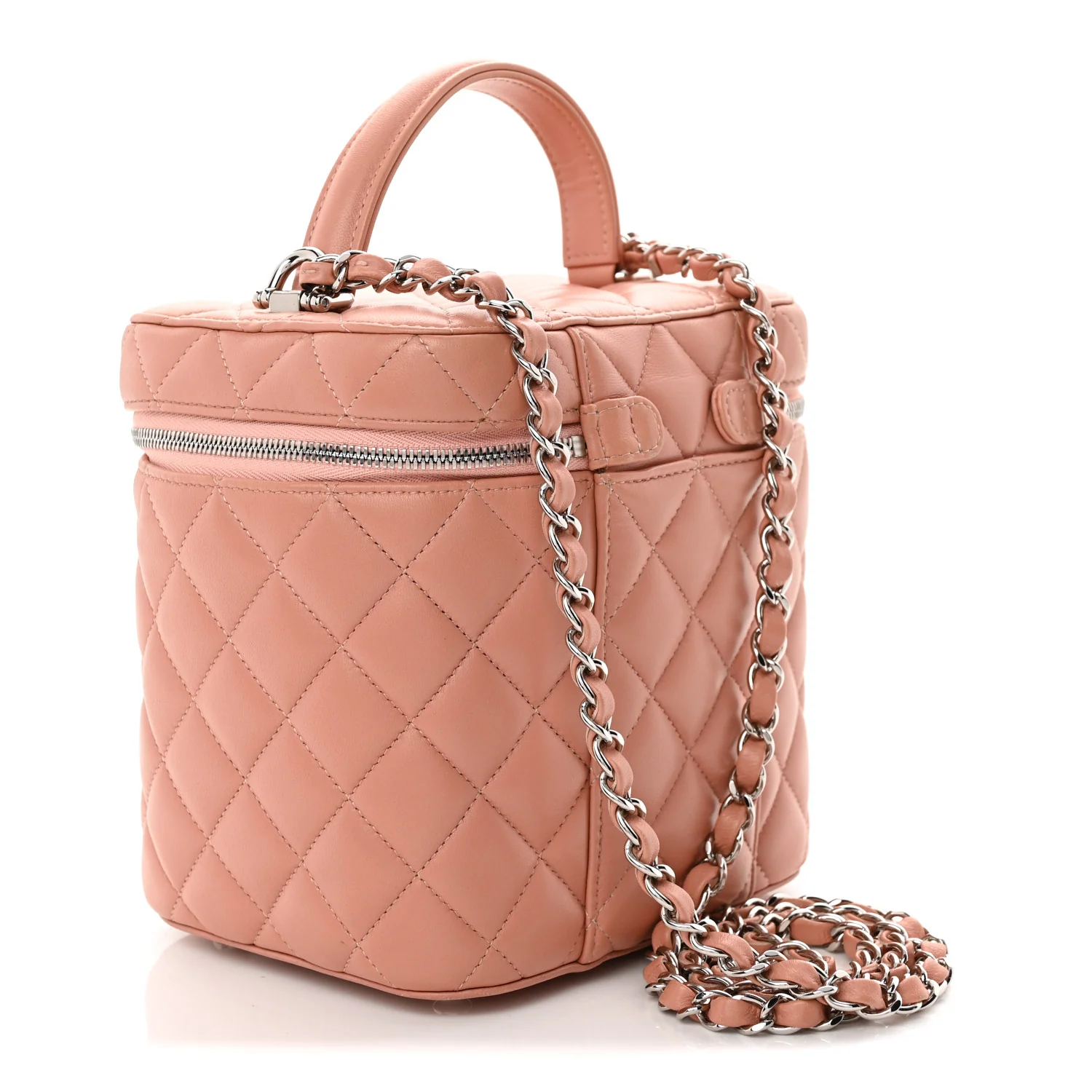 Lambskin Quilted Top Handle Vanity Case With Chain Light Pink - Top Club