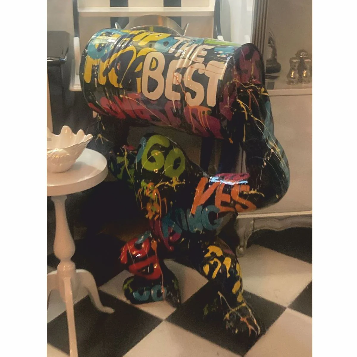 Decorative sculpture gorilla with barrel black / colorful H. 100 cm