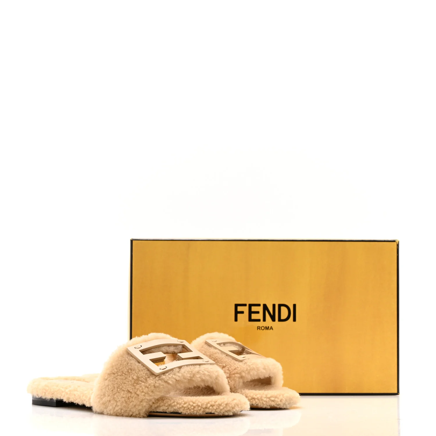 Shearling FF Baguette Slide Sandals 40 Beige Naturale - Top Club