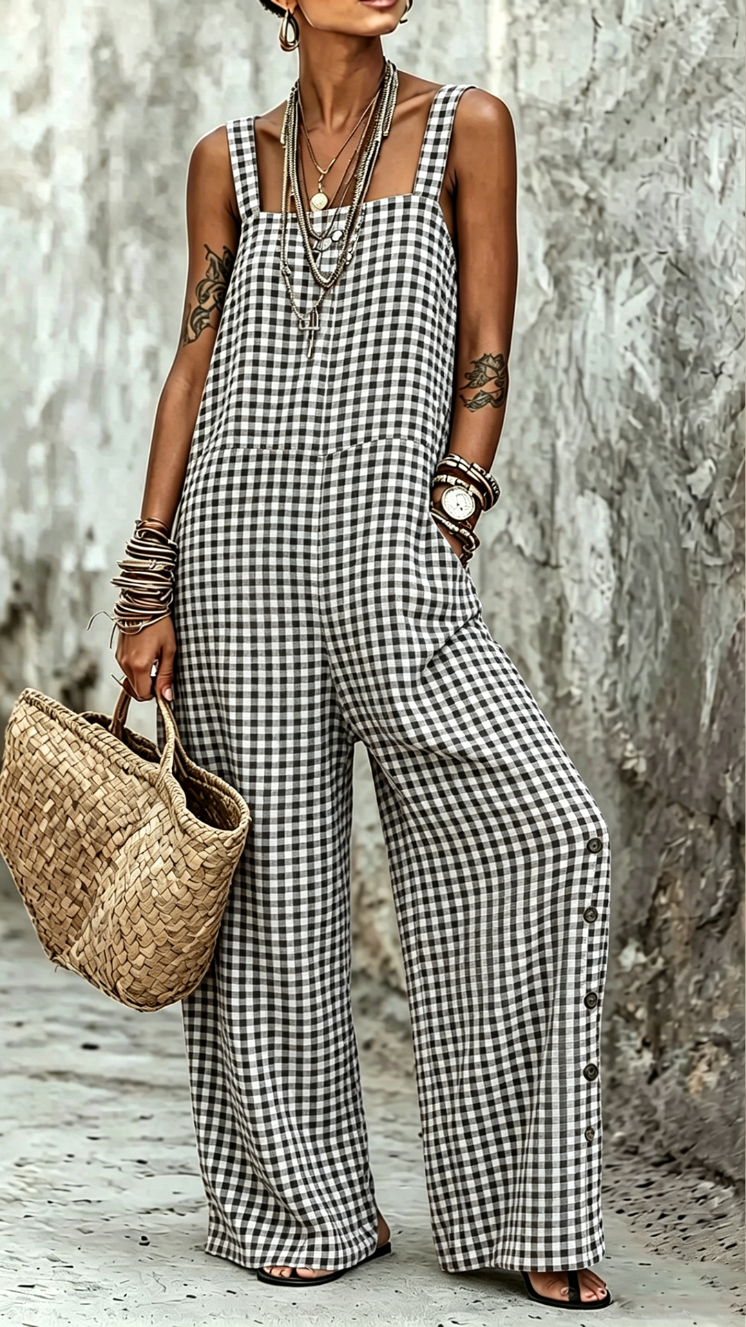 Women's Cotton-Blend Gingham Sleeveless Wide-Leg Jumpsuit - Nordfashionstorm - Women's Clothing, Fashion for You - Nordfashionstorm.com