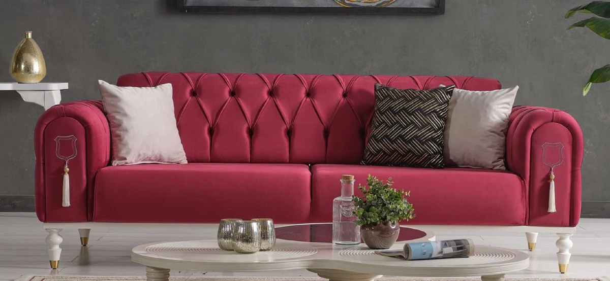 Luxury Chesterfield sofa bed red / white / gold 230 x 95 x H. 83 cm - Living room sofa with 3 cushions - Luxury living room furniture