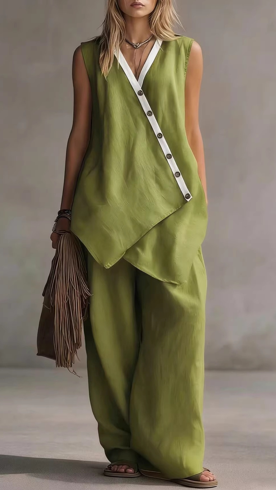 Women's V-Neck Sleeveless Wide-Leg Pants Two-Piece Set with Asymmetrical Buttons - Nordfashionstorm - Women's Clothing, Fashion for You - Nordfashionstorm.com