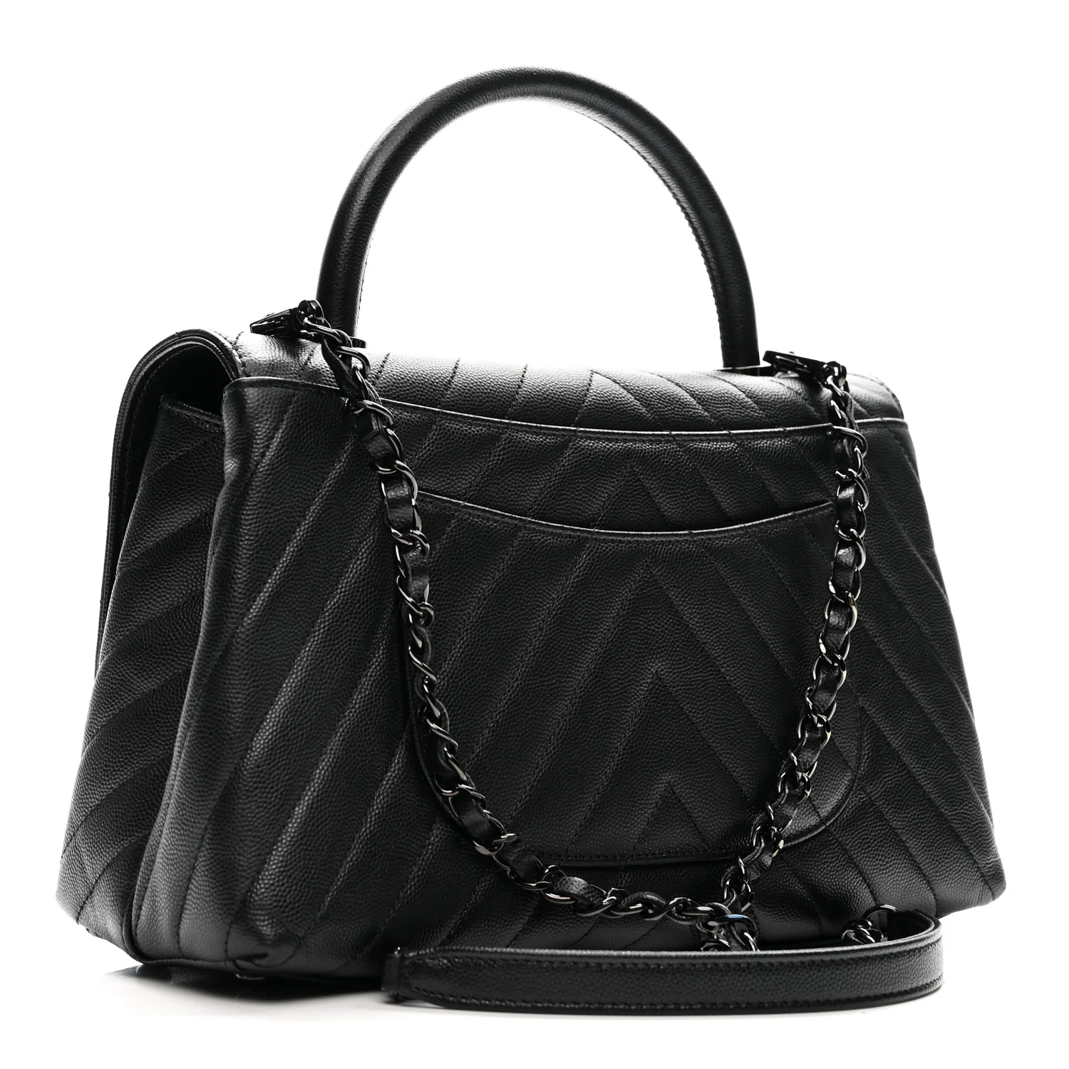 Caviar Chevron Quilted Small Coco Handle Flap So Black - Top Club
