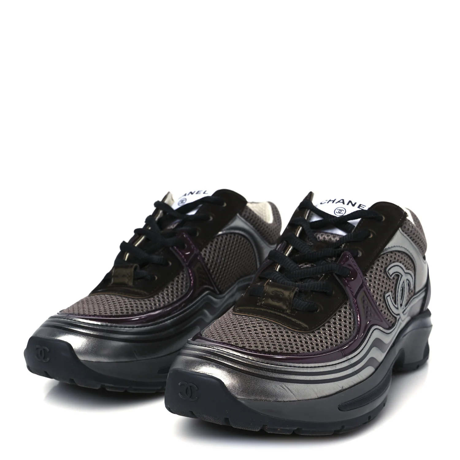 Fabric Laminated Calfskin Stretch CC Womens Sneakers 37 Khaki Silver Dark Purple - Top Club