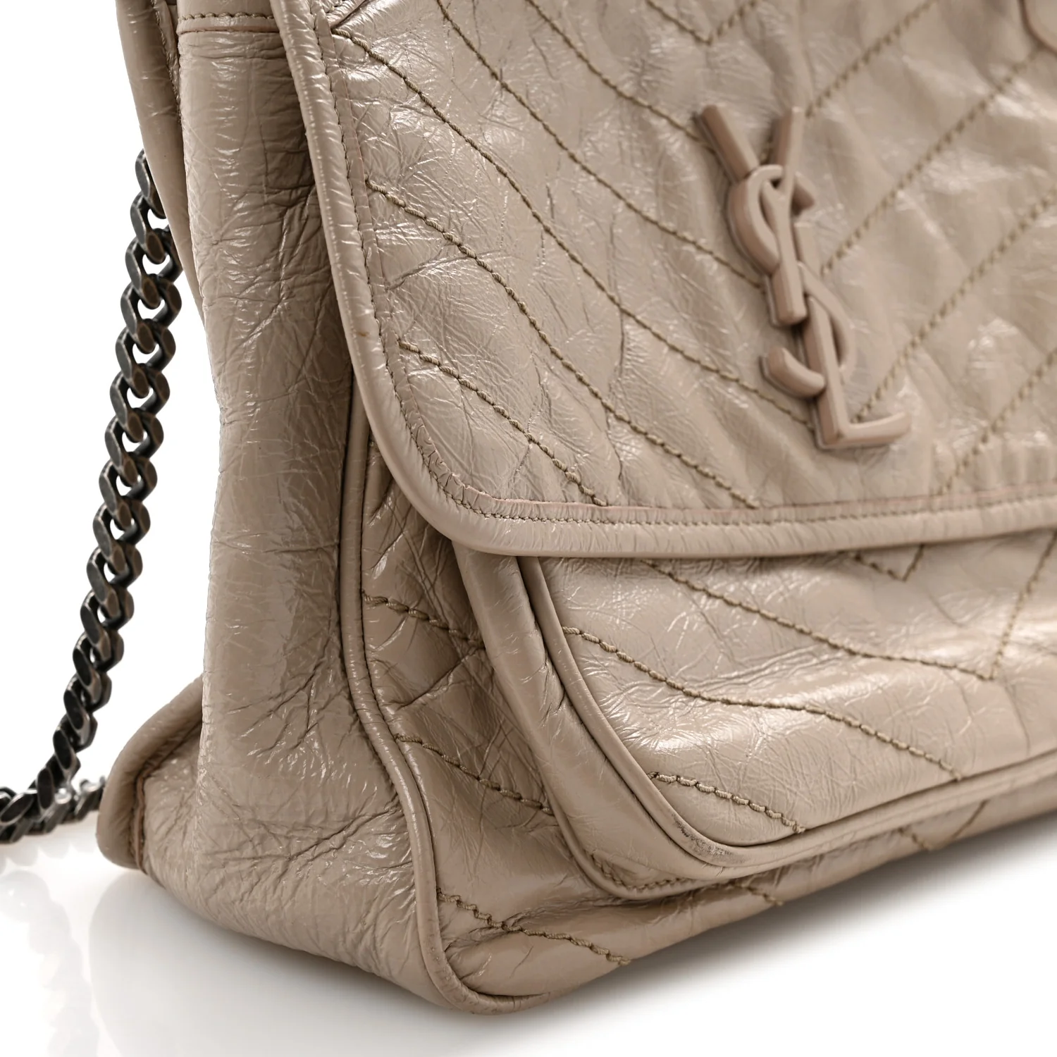Crinkled Calfskin Matelasse Monogram Medium Niki Chain Satchel Gold Sand - Top Club
