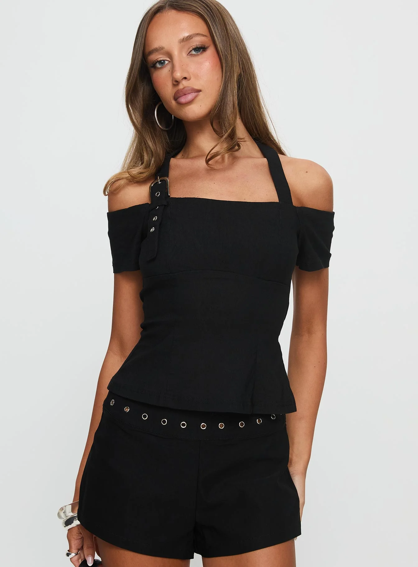 Elaini Buckle Off Shoulder Top Black