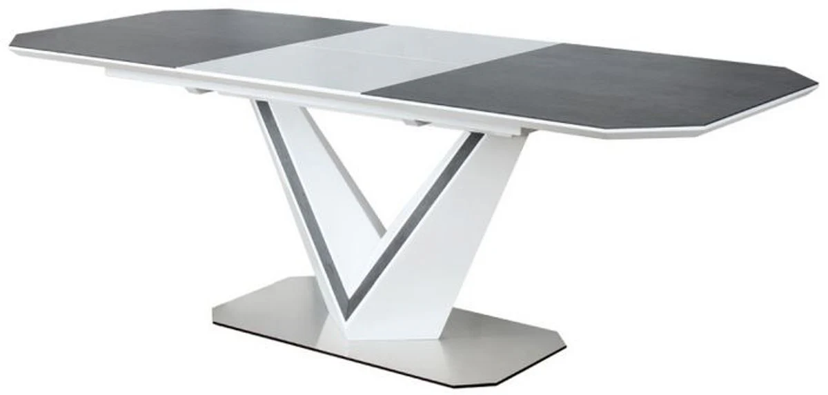 Designer dining table white / gray / silver 160-220 x 90 x H. 76 cm - Extendable dining room table with ceramic plates - Dining room furniture