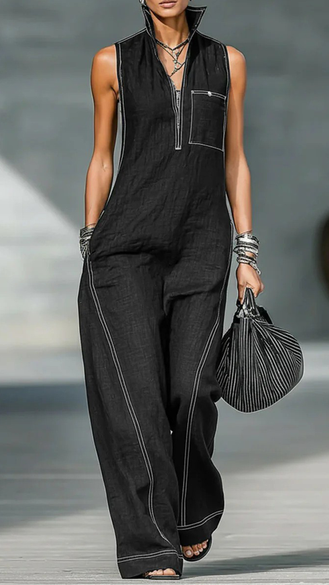 Women's Cotton-Blend Stitched Detail Sleeveless Wide-Leg Jumpsuit - Nordfashionstorm - Women's Clothing, Fashion for You - Nordfashionstorm.com