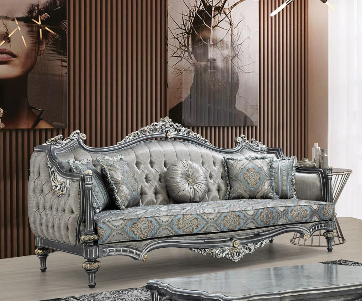 Luxury baroque living room set silver / turquoise / gold - 2 sofas & 2 armchairs & 1 coffee table - living room furniture in baroque style - noble & magnificent