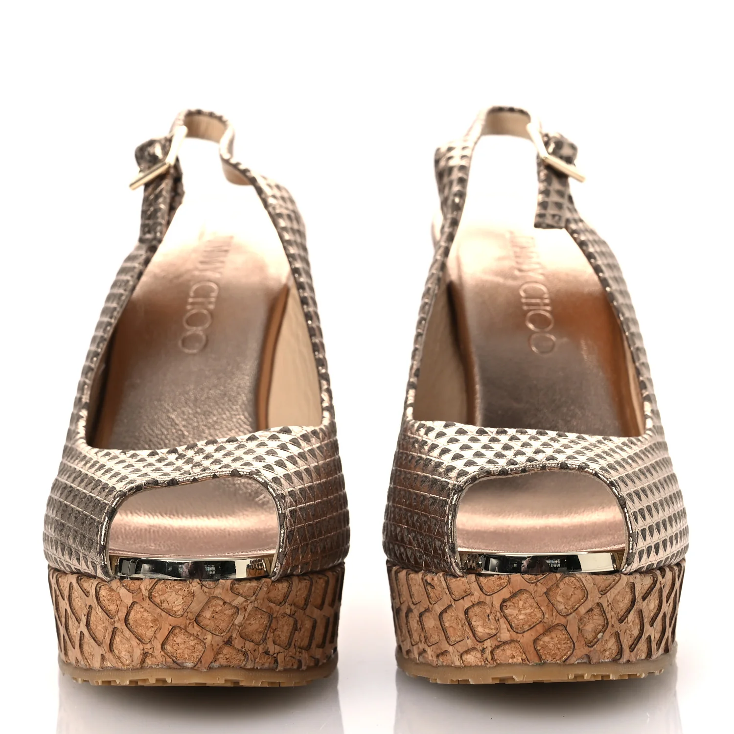 Metallic Embossed Calfskin Pacific 120mm Peep-Toe Cork Wedge Sandal 36 Gold - Top Club