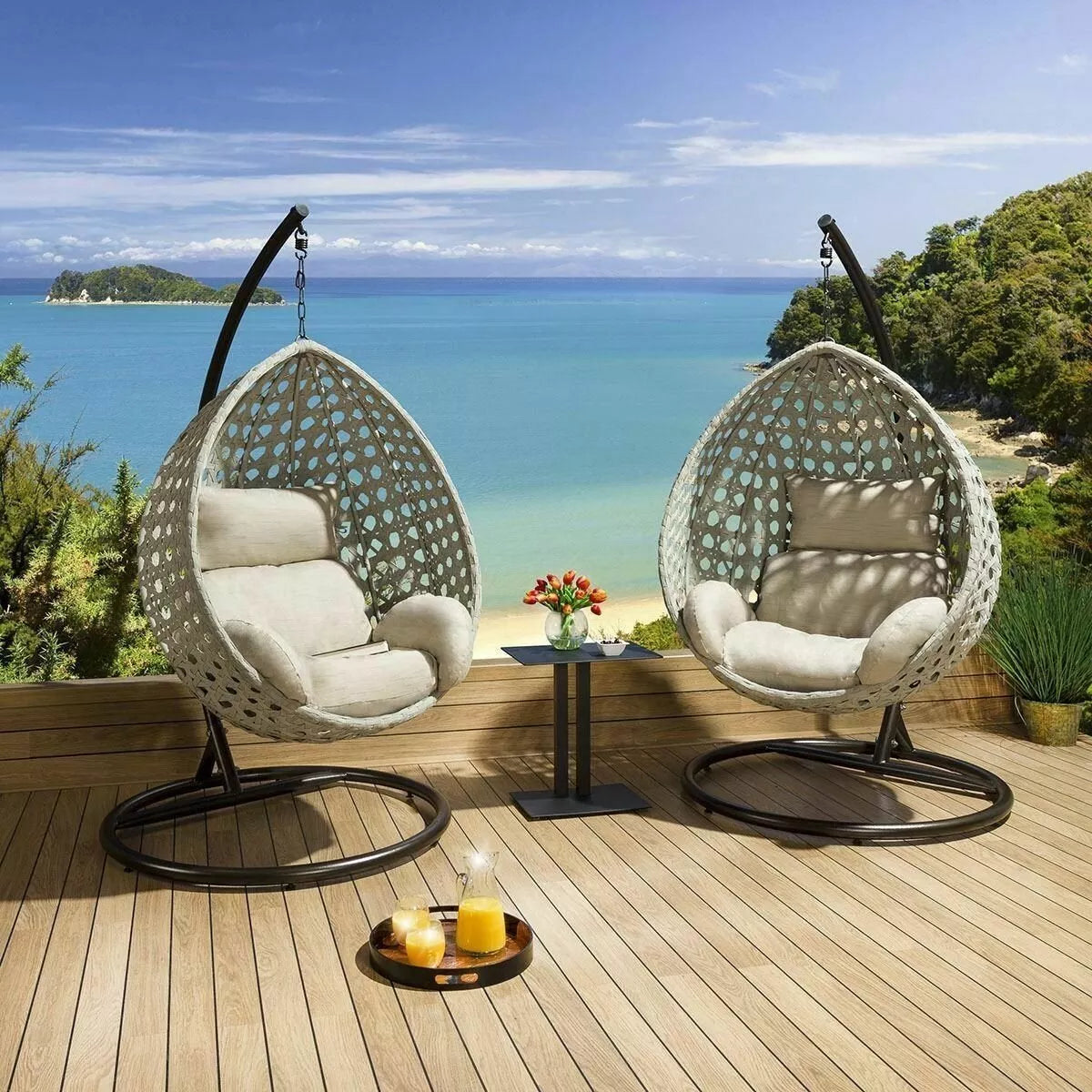 Luxury Extra Large Outdoor Hanging Pod Chairs Gray Rope Table