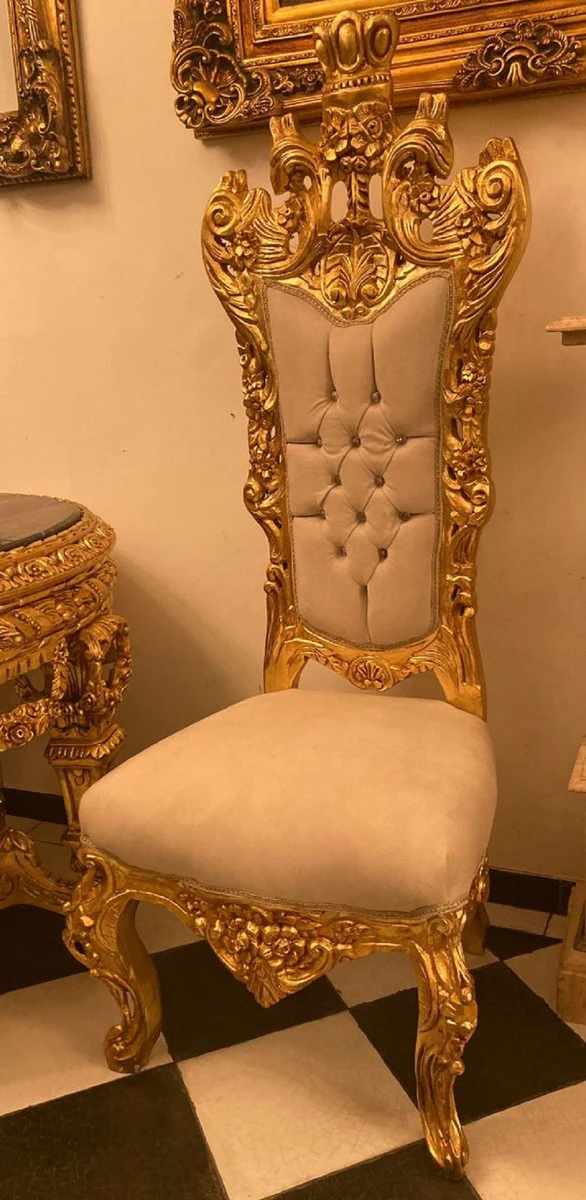 Baroque throne chair cream / gold - handmade high-back dining room chair with velvet fabric and rhinestones - baroque dining room furniture