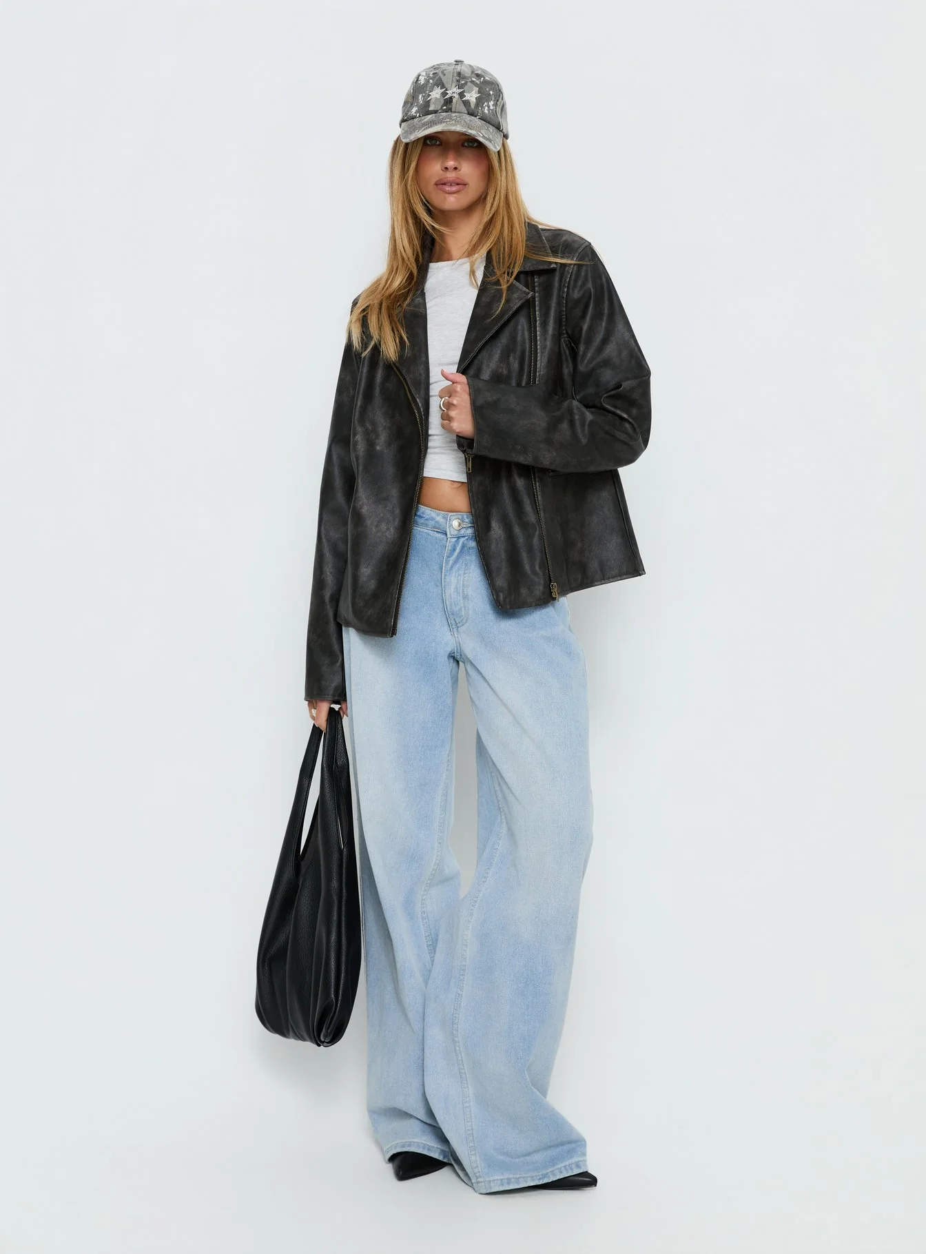 Vyolette Faux Leather Collared Jacket Washed Black