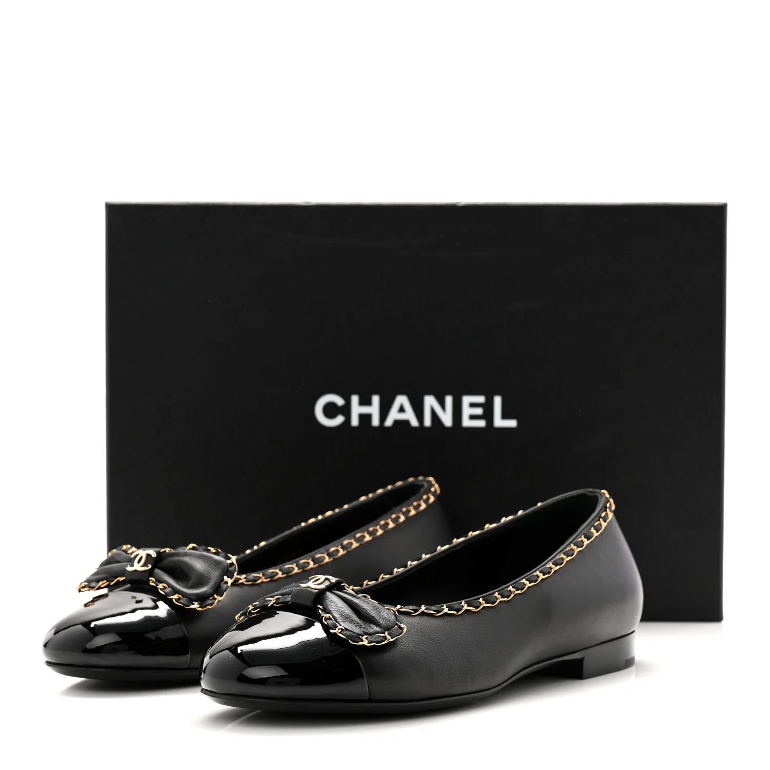 Lambskin Patent Cap Toe Chain Around Ballerina Flats 36 Black - Top Club